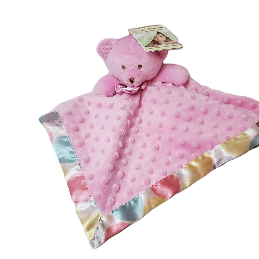 Blankets And Beyond‎ Pink Bear Minky Dot Lovey Security Blanket Satin Polka Nwt